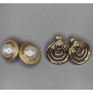 Lot of 2 Pairs of Gold Tone Vintage 80's Clip On Earrings - Marvela Faux Pearl